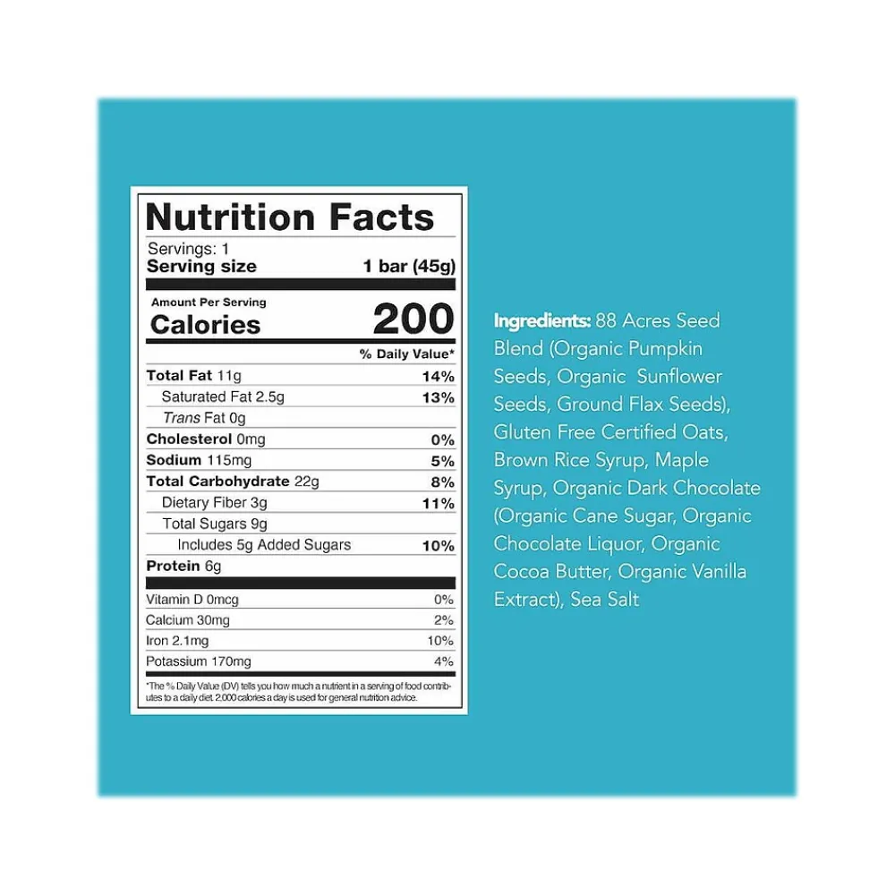 88 Acres Sweet 'N' Salty Gluten-Free Dark Chocolate/Sea Salt Seed and Oat Bar, 1.6 oz., 9 Bars/Box (310001)