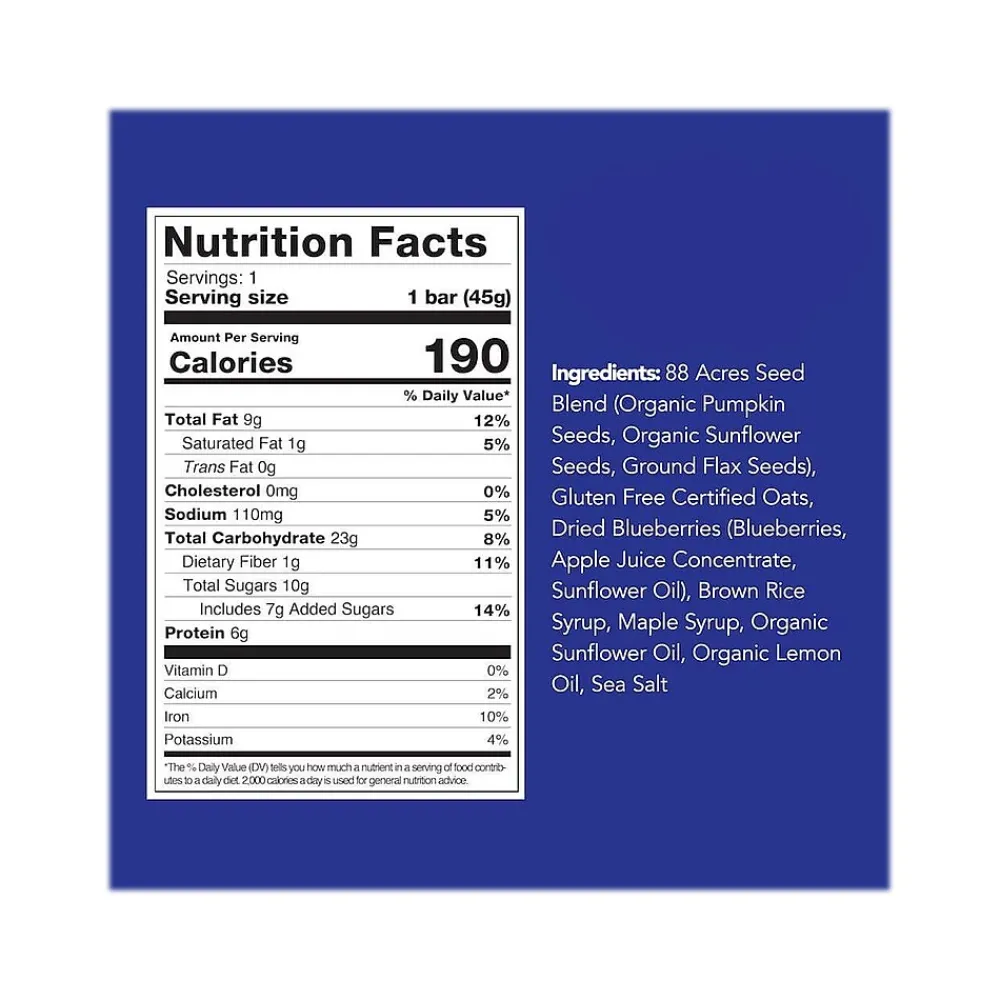 88 Acres Warm 'N' Chewy Gluten-Free Blueberry/Lemon Seed and Oat Bar, 1.6 oz., 9 Bars/Box (315104)