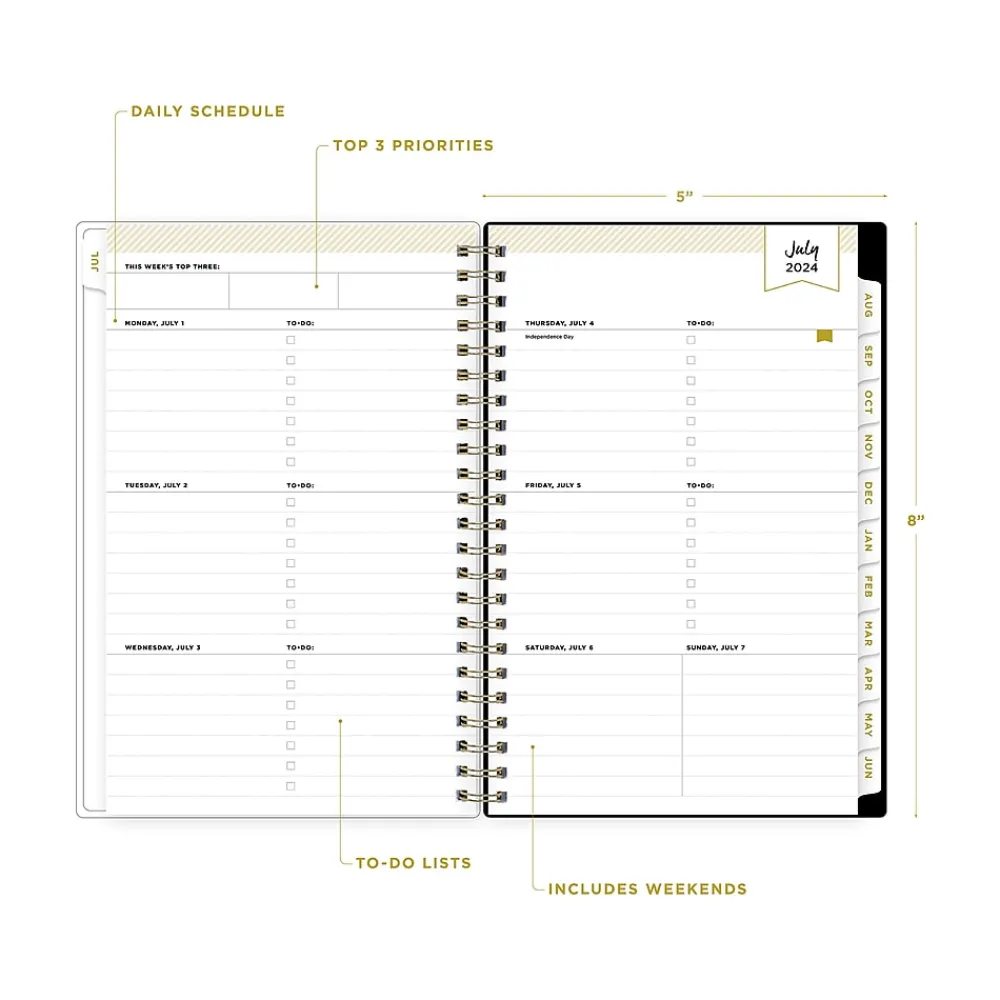 Academic Planners|Blue Sky 2024-2025 Day Designer Swiss Dot 5" x 8" Academic Weekly & Monthly Planner, Black/Gold (150137)