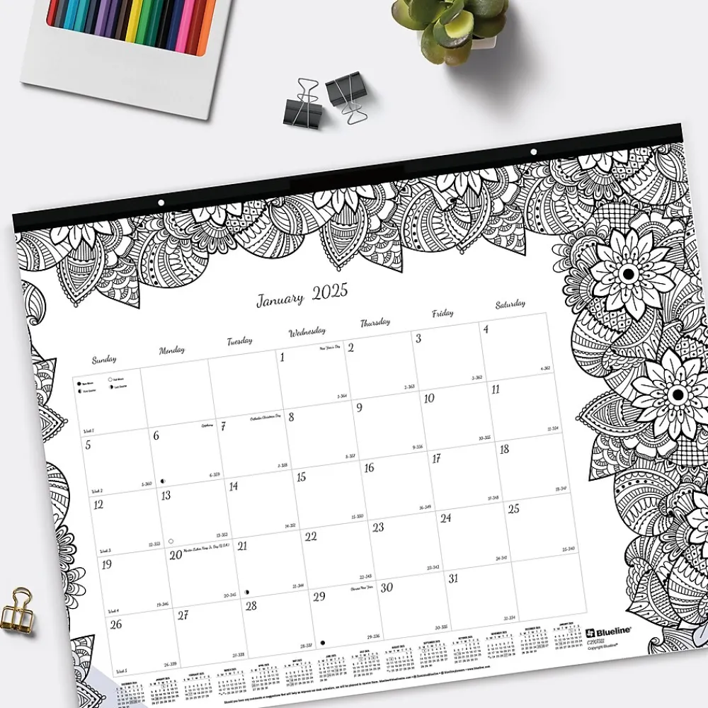 2025 Calendars|Blueline 2025 DoodlePlan Botanica 22" x 17" Monthly Coloring Desk Pad Calendar, White/Black (C2917311)
