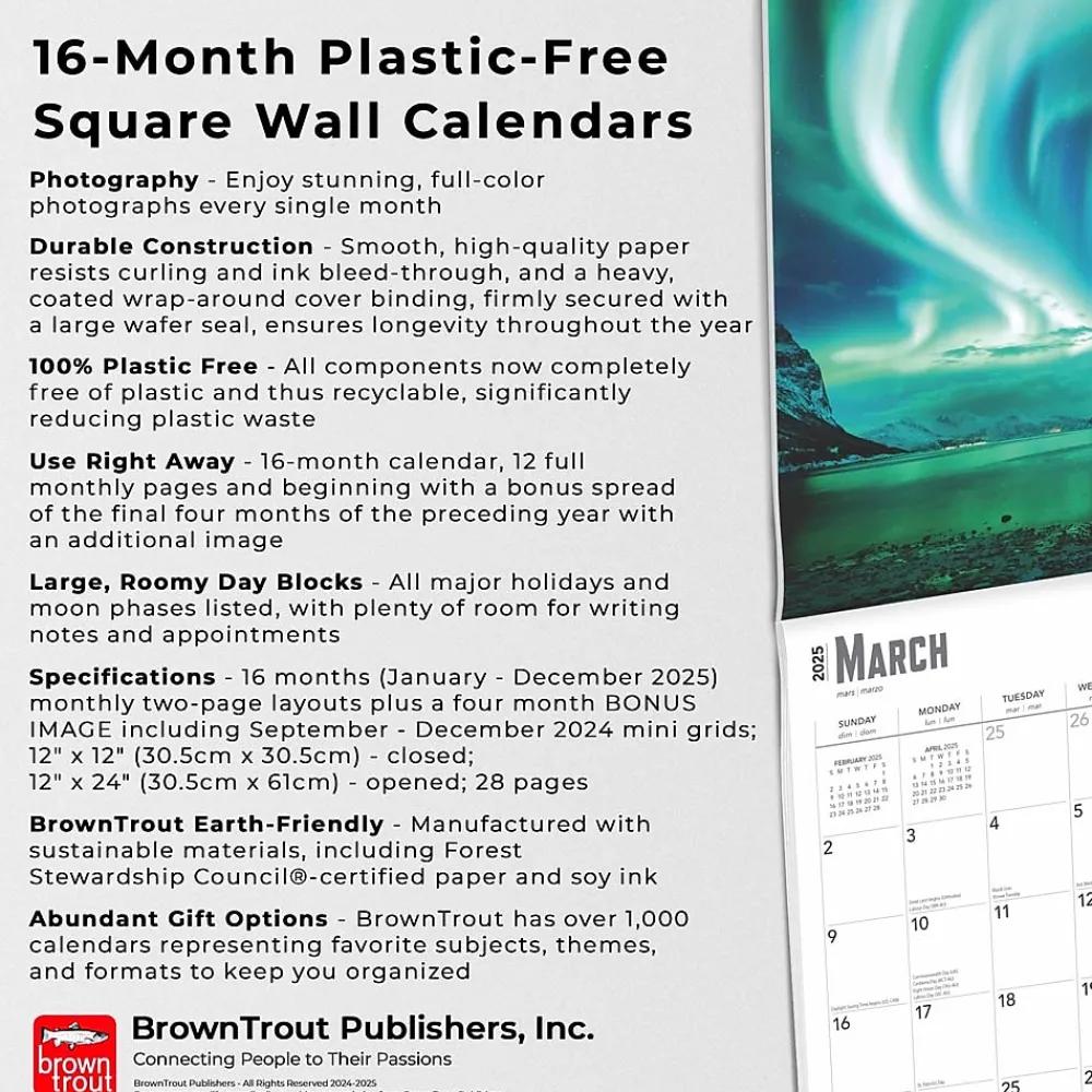 2025 Calendars|BrownTrout 2025 Aurora Borealis Les aurores boréales 12" x 12" Monthly Wall Calendar (9781975476526)