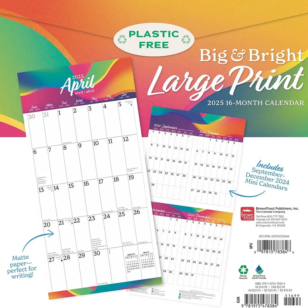 2025 Calendars|BrownTrout 2025 Big & Bright Large Print 12" x 12" Monthly Square Wall Calendar (9781975478384)
