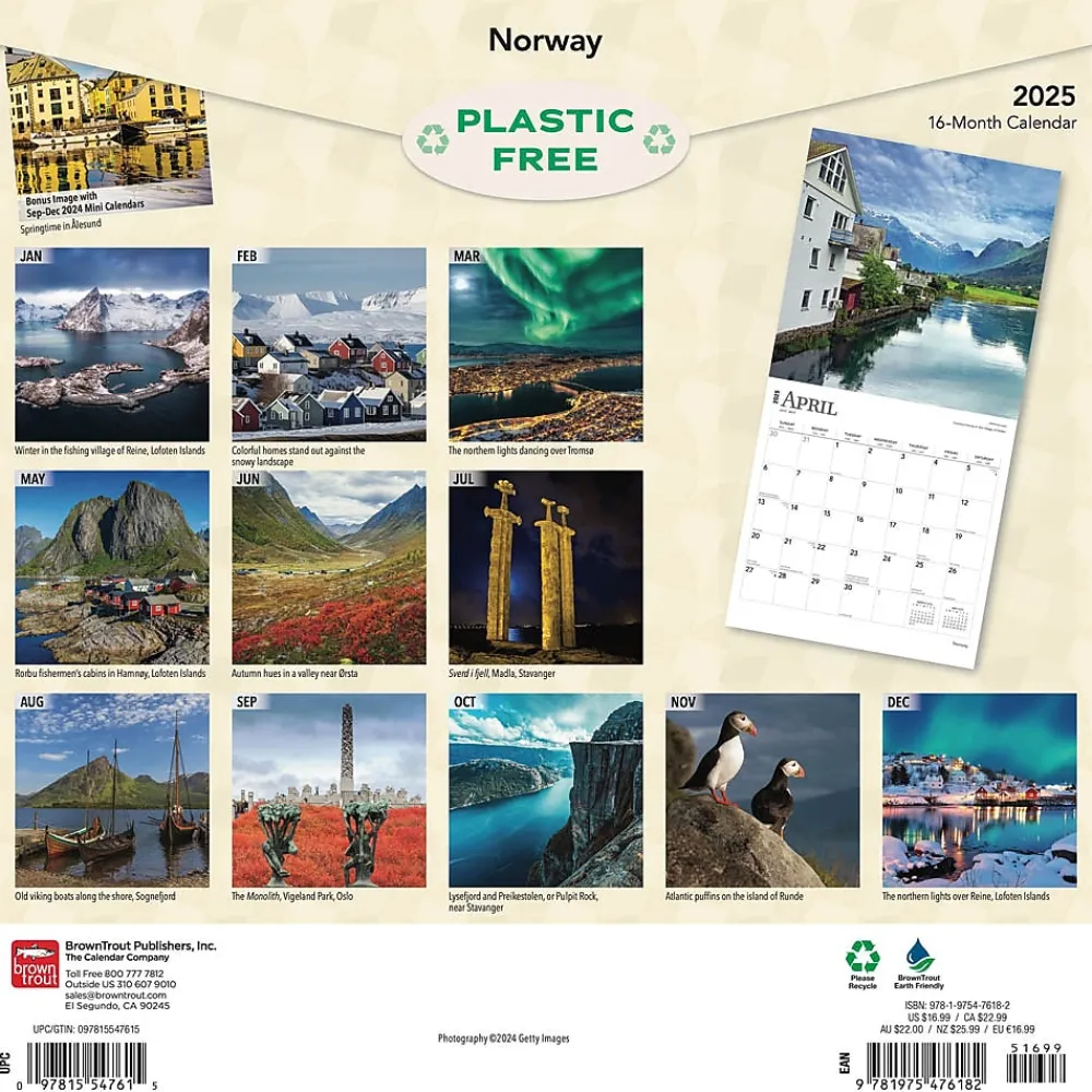 2025 Calendars|BrownTrout 2025 Norway 12" x 12" Monthly Wall Calendar (9781975476182)
