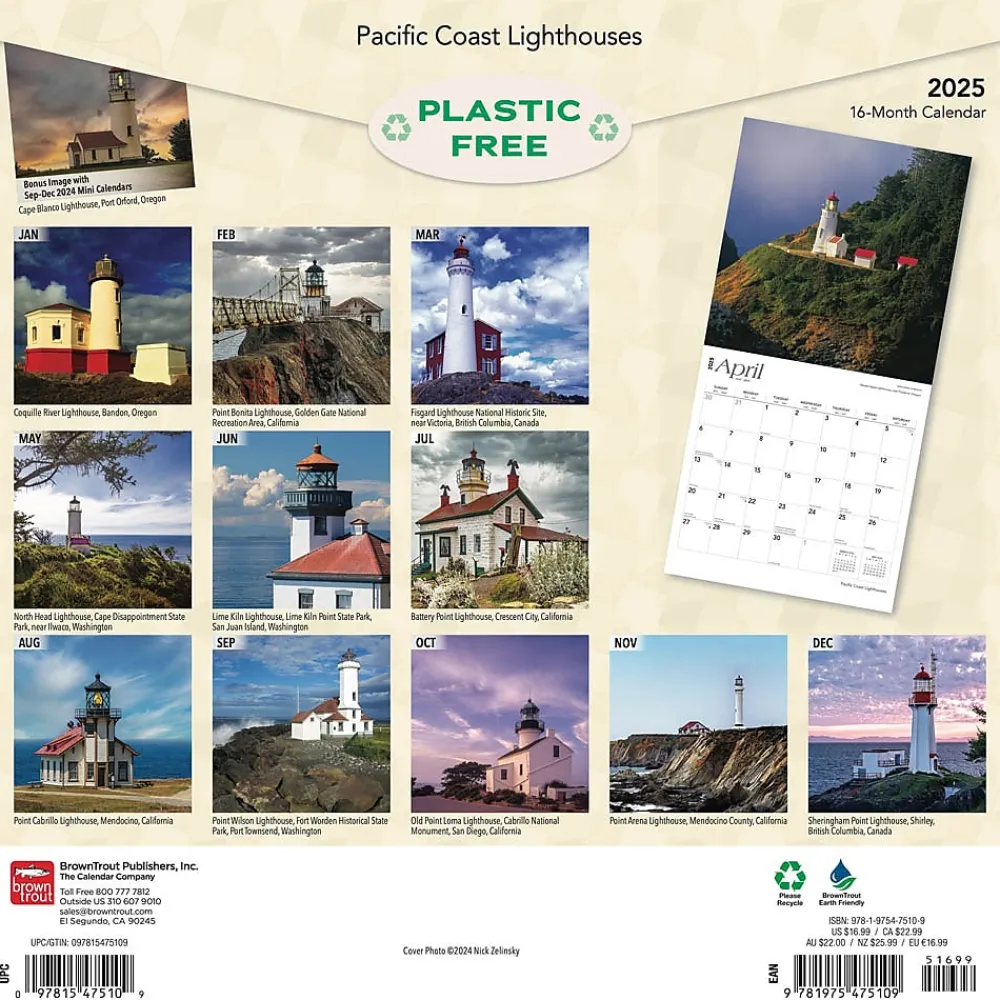 2025 Calendars|BrownTrout 2025 Pacific Coast Lighthouses 12" x 12" Monthly Square Wall Calendar (9781975475109)