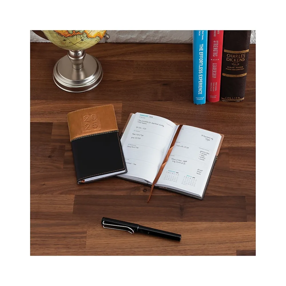 2025 Planners|Global Printed Products 2025 3.5" x 6" Weekly & Monthly Planner, Faux Leather Cover, Black/Brown (SPLS25-BRN36)