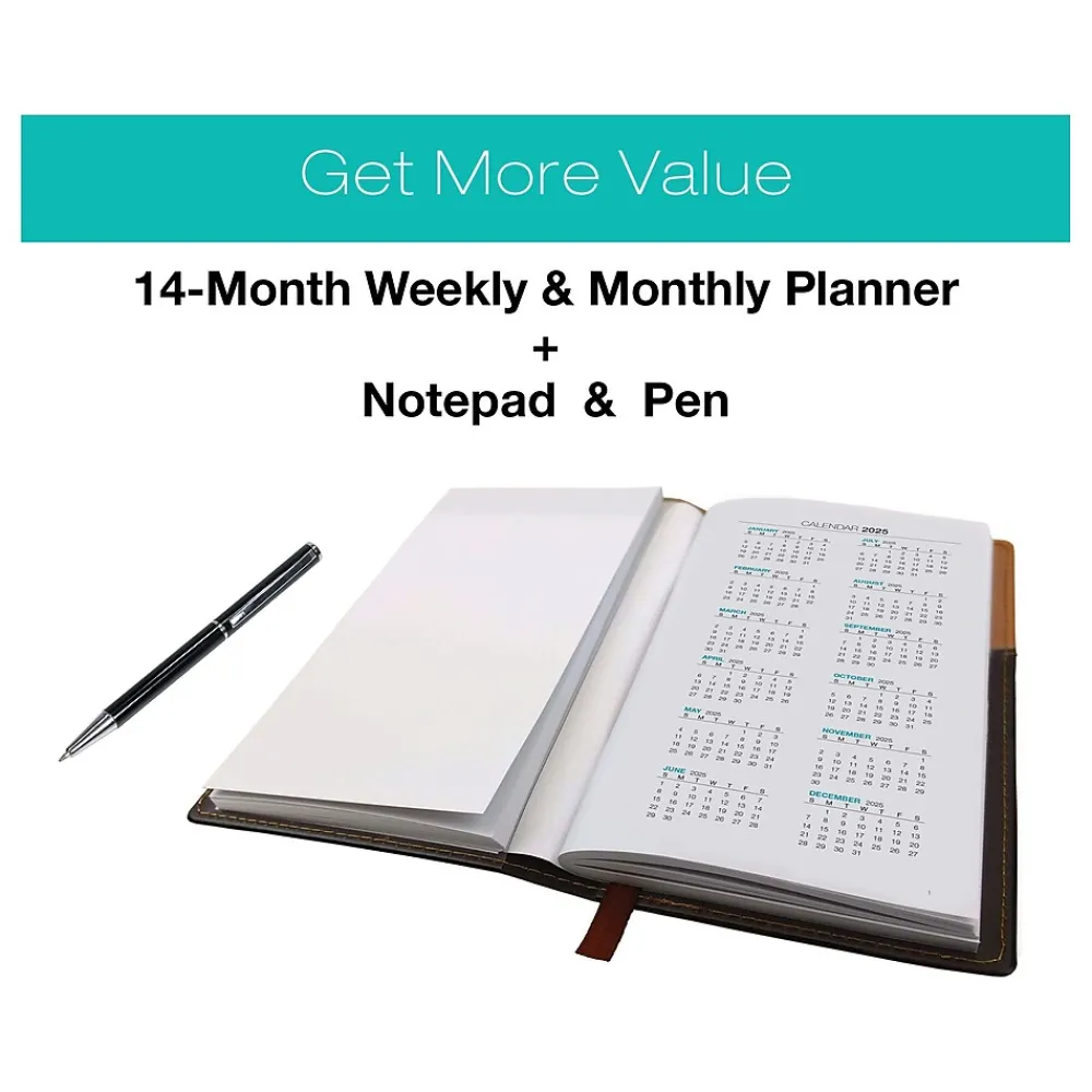 2025 Planners|Global Printed Products 2025 3.5" x 6" Weekly & Monthly Planner, Faux Leather Cover, Black/Brown (SPLS25-BRN36-P)