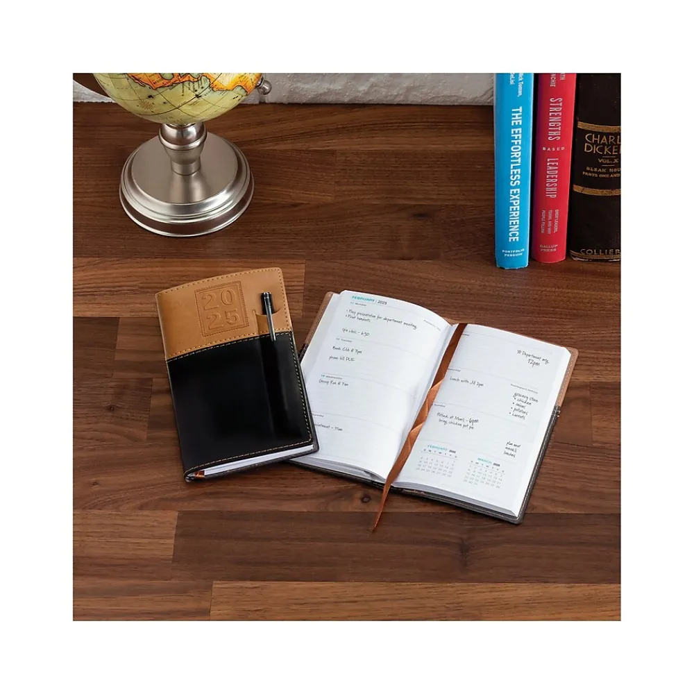 2025 Planners|Global Printed Products 2025 3.5" x 6" Weekly & Monthly Planner, Faux Leather Cover, Black/Brown (SPLS25-BRN36-P)