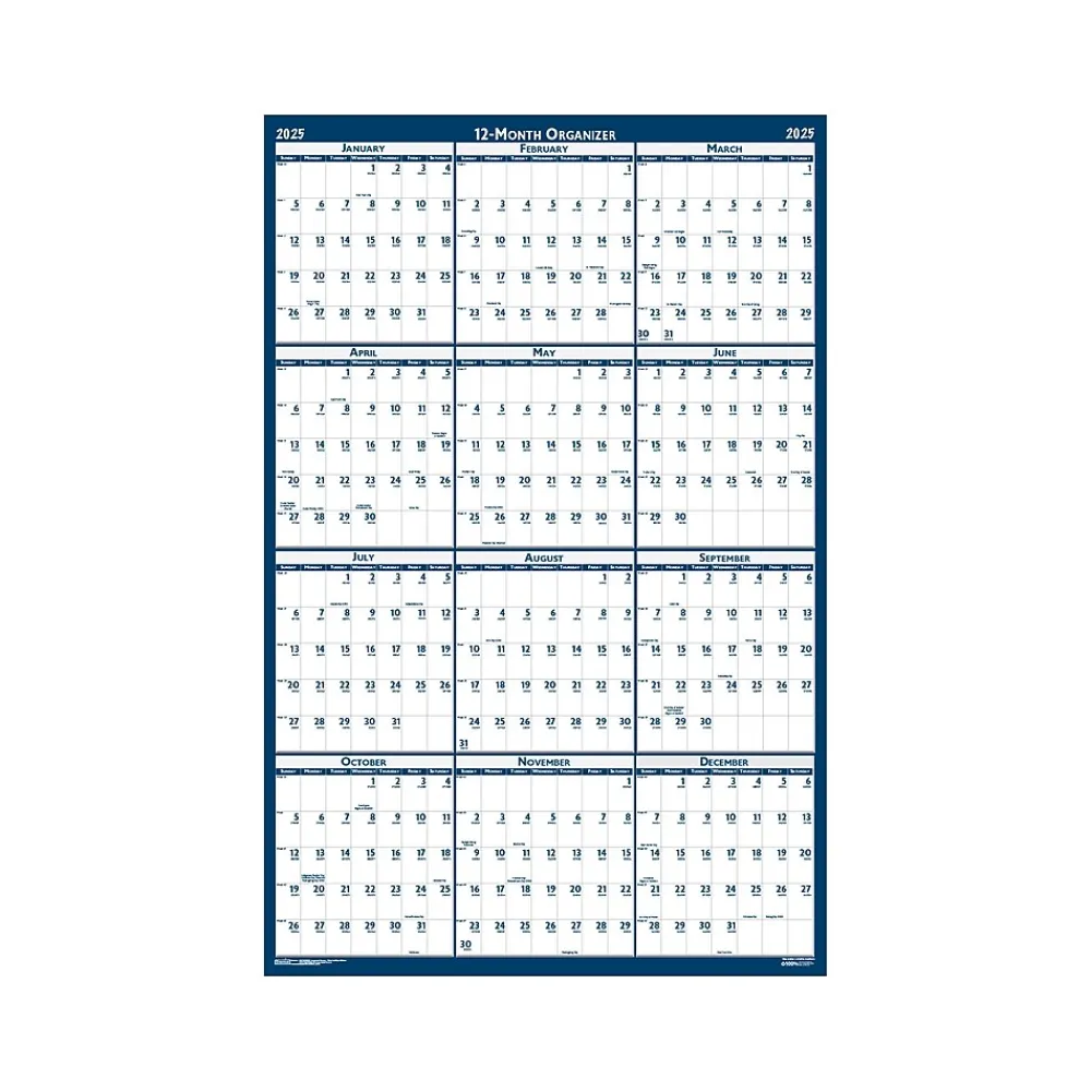 2025 Calendars|House of Doolittle 2025 48" x 32" Yearly Wet-Erase Wall Calendar, Reversible, White/Blue (3961-25)
