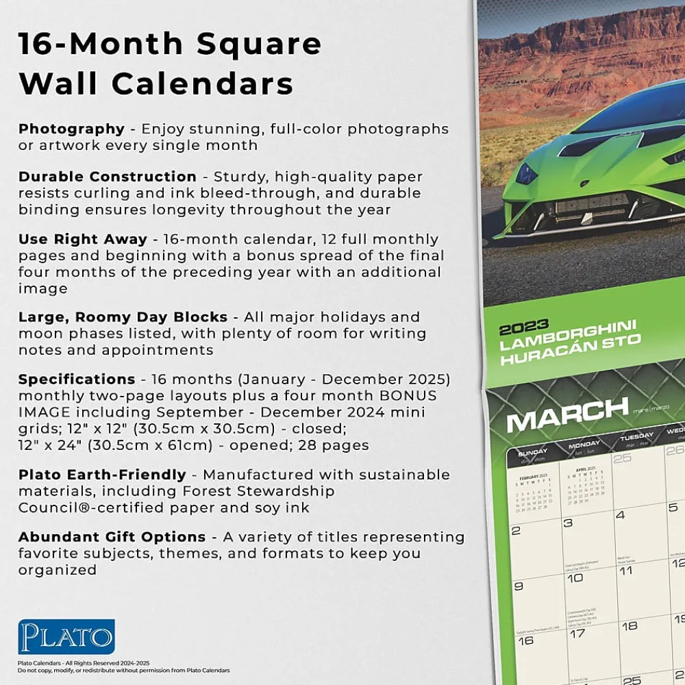 2025 Calendars|Plato 2025 Supercars 12" x 12" Monthly Wall Calendar (9781975480776)