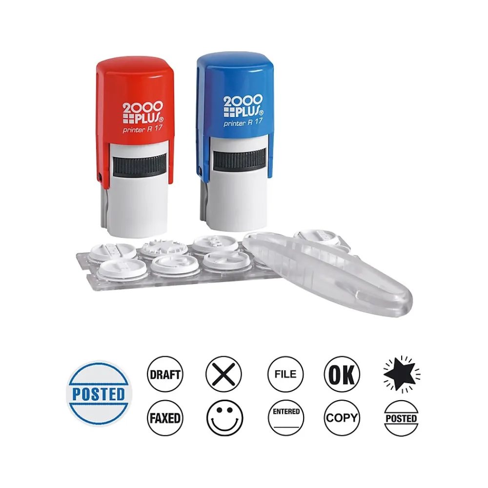Stamps & Stamp Pads|2000 Plus Deluxe Office Kit Stamp Set, Assorted 5/8" Designs, Blue and Red Inks (030459)