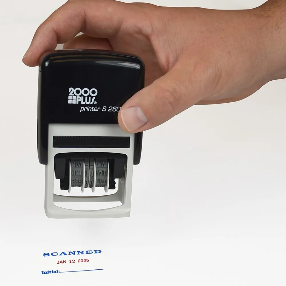 Stamps & Stamp Pads|2000 Plus 4-in-1 Date Stamp, Scanned, Completed, Entered, Emailed, Blue and Red Ink (011098)
