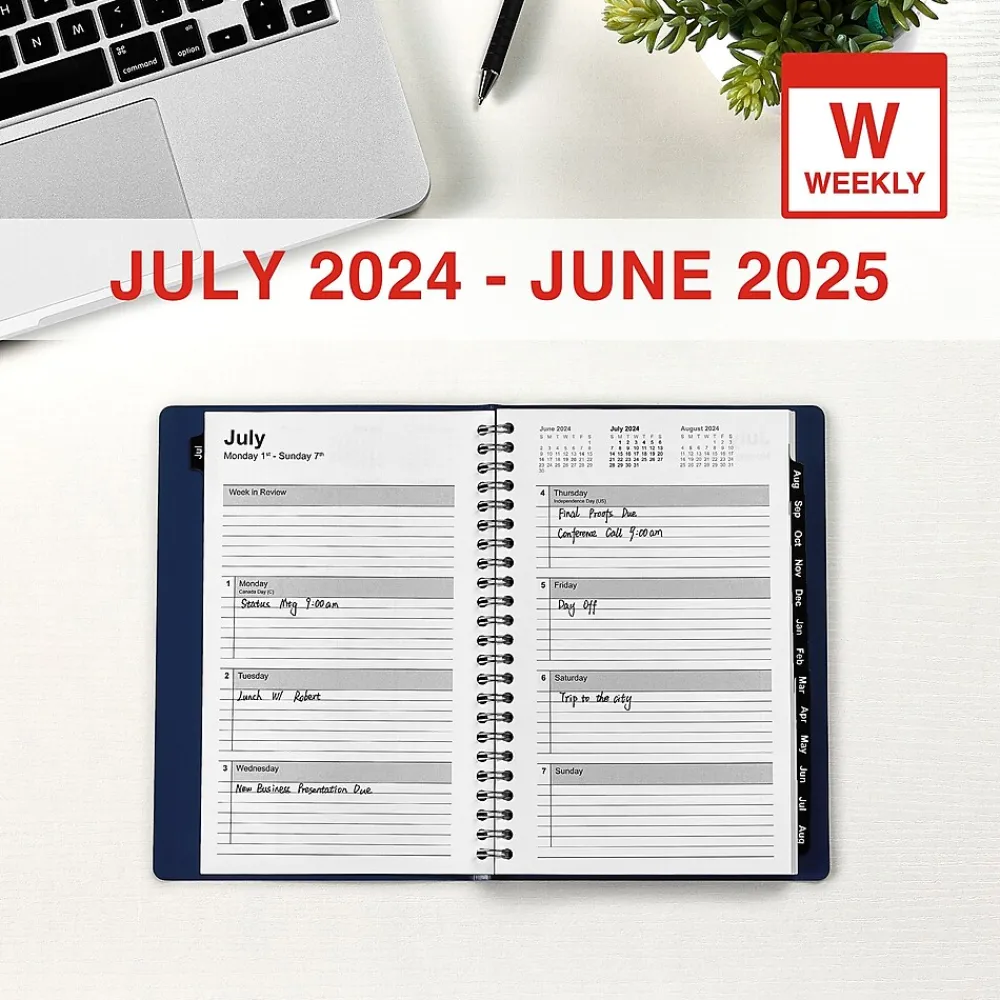 Academic Planners|Staples 2024-2025 5" x 8" Academic Weekly & Monthly Planner, Faux Leather Cover, Navy (ST60362-23)