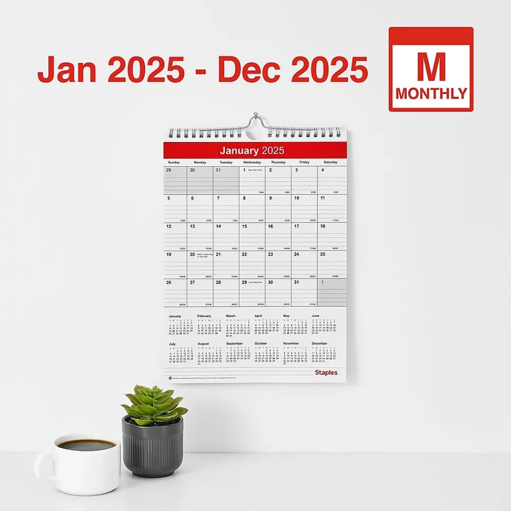 2025 Calendars|Staples 2025 8" x 11" Wall Calendar, Red/White (ST53922-25)