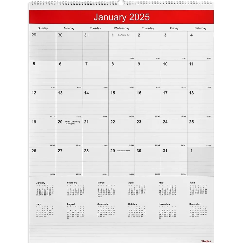 2025 Calendars|Staples 2025 22" x 29" Wall Calendar, White/Red (ST53914-25)