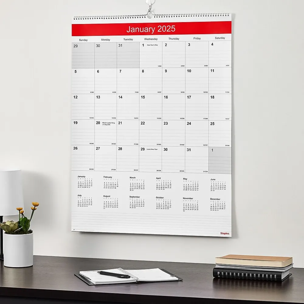 2025 Calendars|Staples 2025 22" x 29" Wall Calendar, White/Red (ST53914-25)