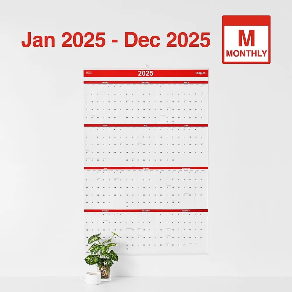 2025 Calendars|Staples 2025 24" x 36" Wall Calendar, Red/Black/White (ST53999-25)