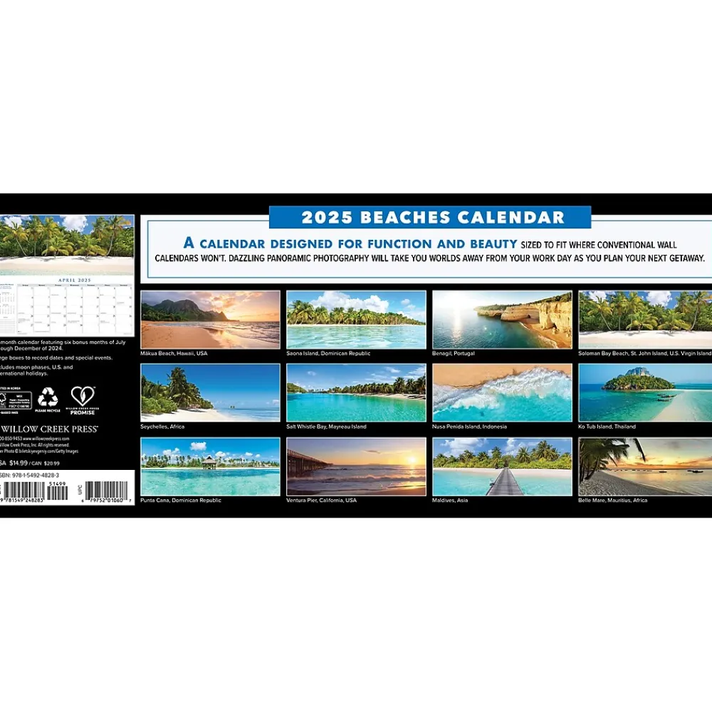 2025 Calendars|Willow Creek 2025 Beaches 15" x 6.5" Yearly Panoramic Wall Calendar (48283)