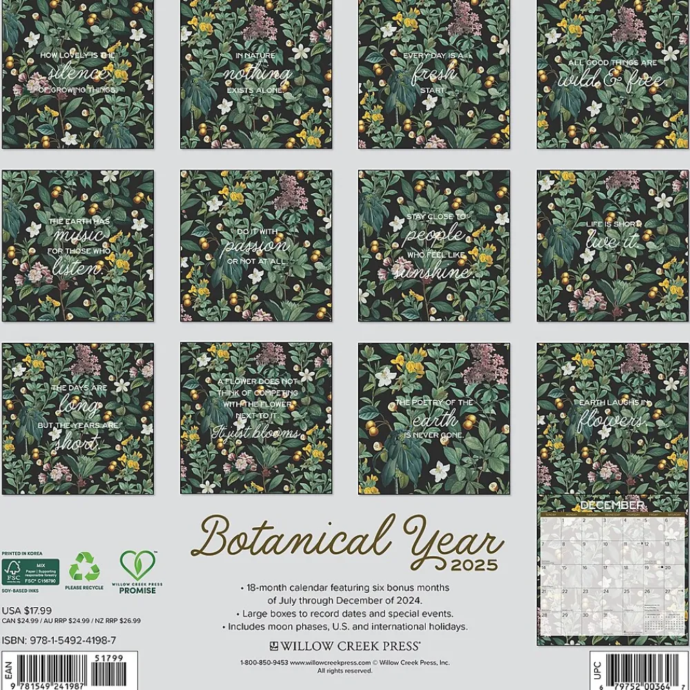 2025 Calendars|Willow Creek 2025 Botanical Nature 12" x 12" Monthly Wall Calendar (41987)