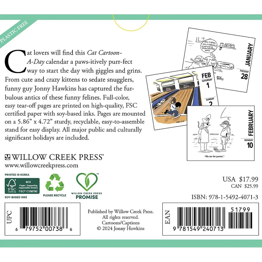 2025 Calendars|Willow Creek 2025 Cat Cartoon-A-Day by Jonny Hawkins 6" x 5.5" Day-to-Day Calendar, Multicolor (40713)