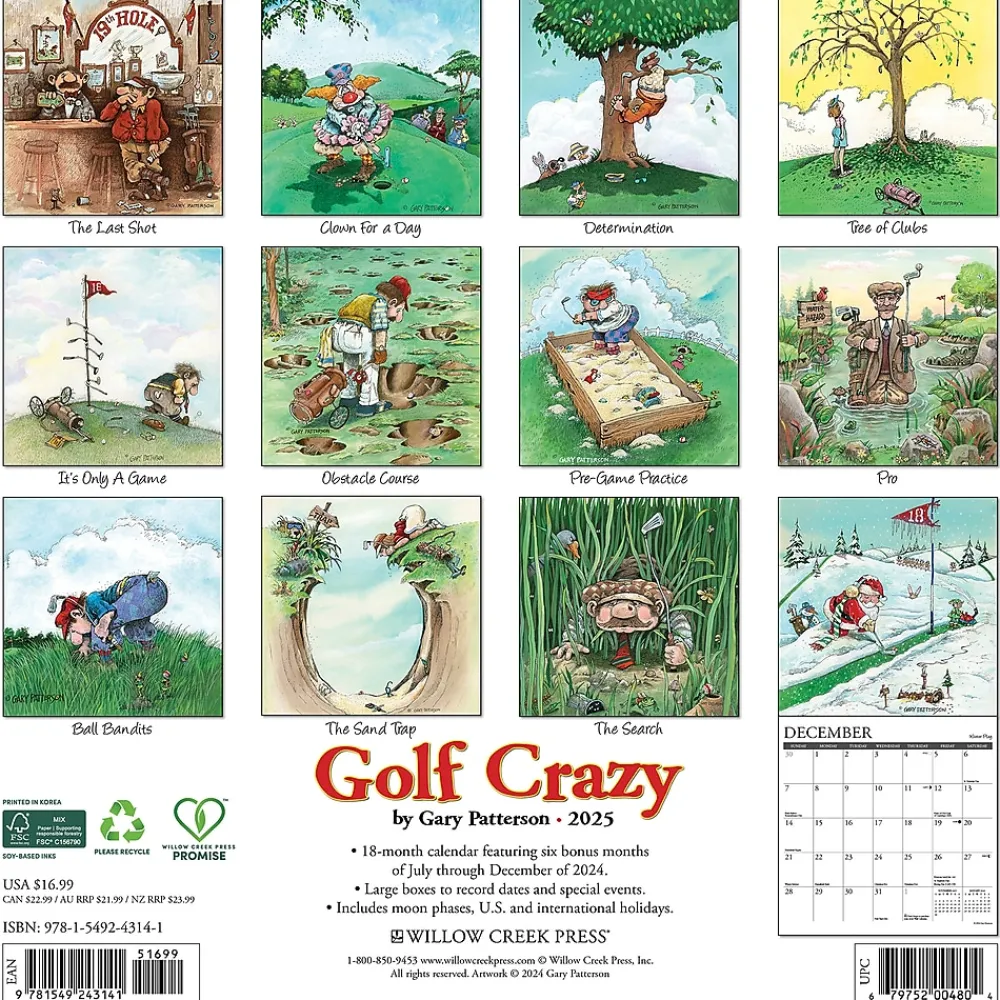 2025 Calendars|Willow Creek 2025 Golf Crazy Cartoon 12" x 12" Monthly Wall Calendar (43141)