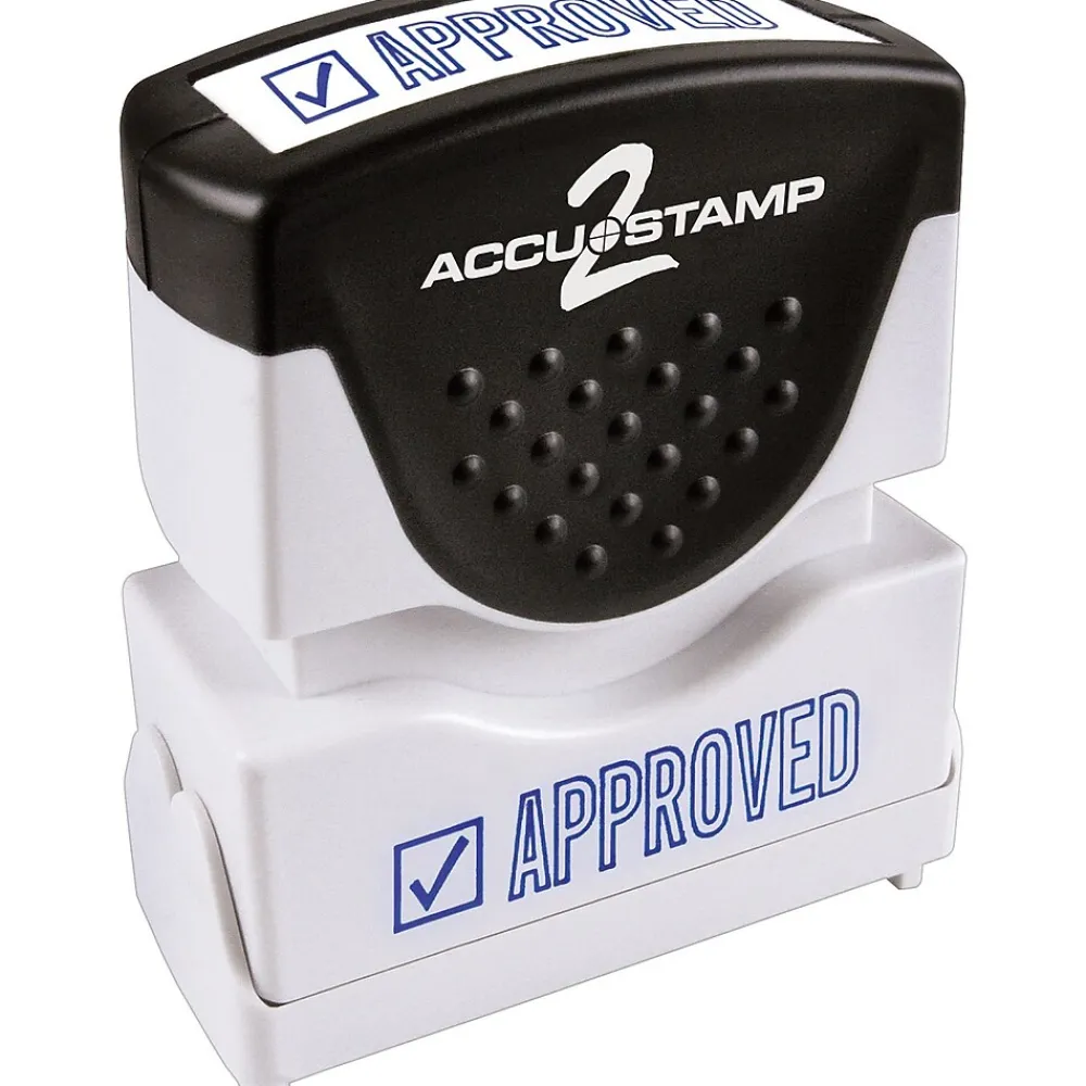 Stamps & Stamp Pads|Accu-Stamp 2 One-Color Pre-Inked Shutter Message Stamp, APPROVED, 1/2" x 1-5/8" Impression, Blue Ink (035575)