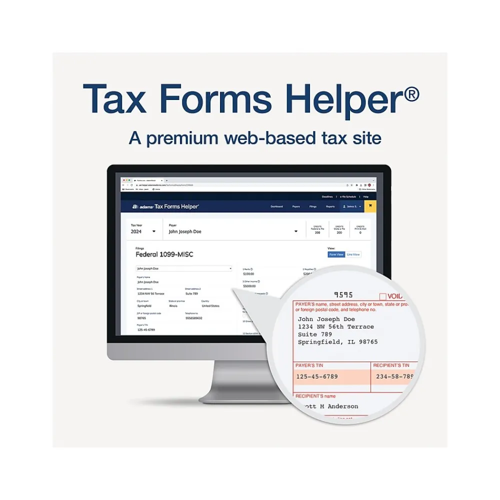 Tax Forms*Adams 2024 1099-MISC Tax Form with Self-Seal Envelopes and Tax Forms Helper, 4-Part, 2-Up, Copy A, 1, B, 2, 12/Pack