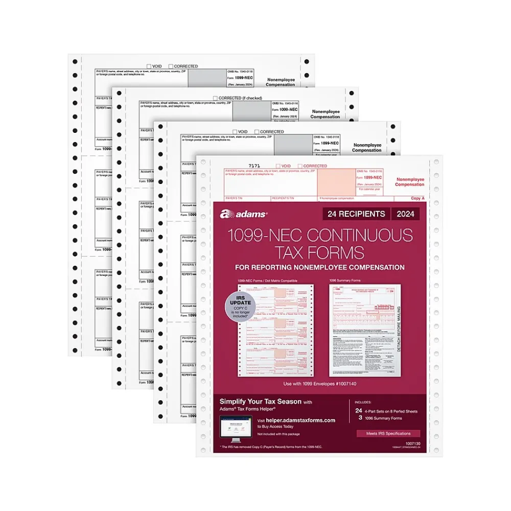 Tax Forms*Adams 2024 1099-NEC Tax Form, 4-Part, 3-Up, Copy A, 1, B, 2, 24/Pack (STAX524NEC-24)