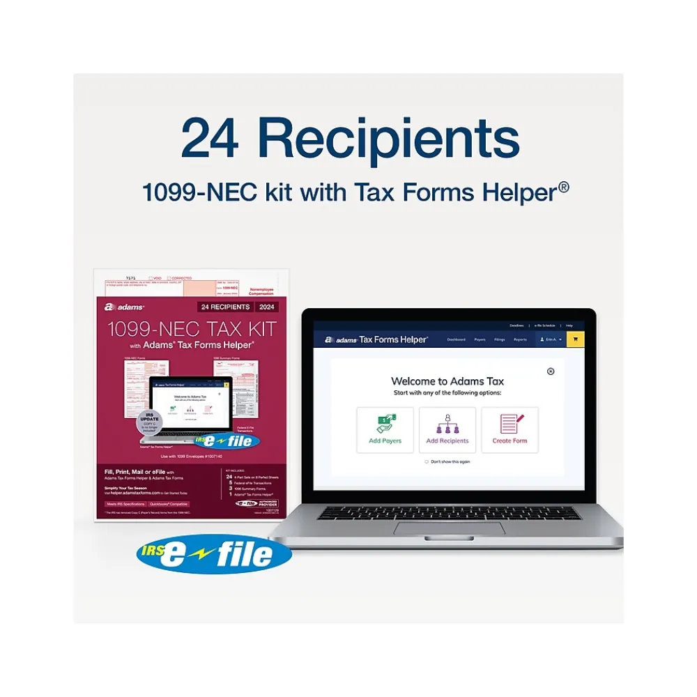 Tax Forms*Adams 2024 1099-NEC Tax Form with e-files and Access to Tax Forms Helper, 4-Part, 3-Up, Copy A, 1, B, 2, 24/Pack