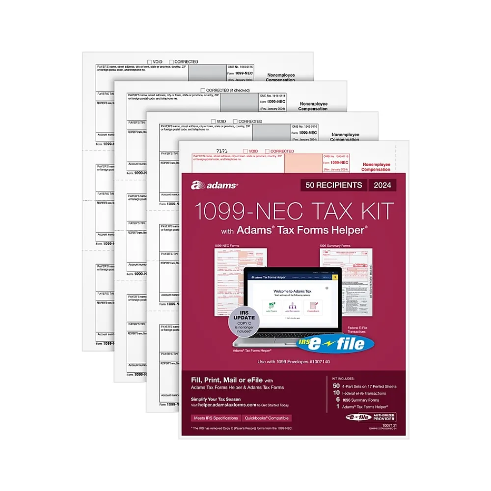 Tax Forms*Adams 2024 1099-NEC Tax Form with 10 e-files, 4-Part, 3-Up, Copy A, 1, B, 2, 50/Pack (STAX550NEC-24)