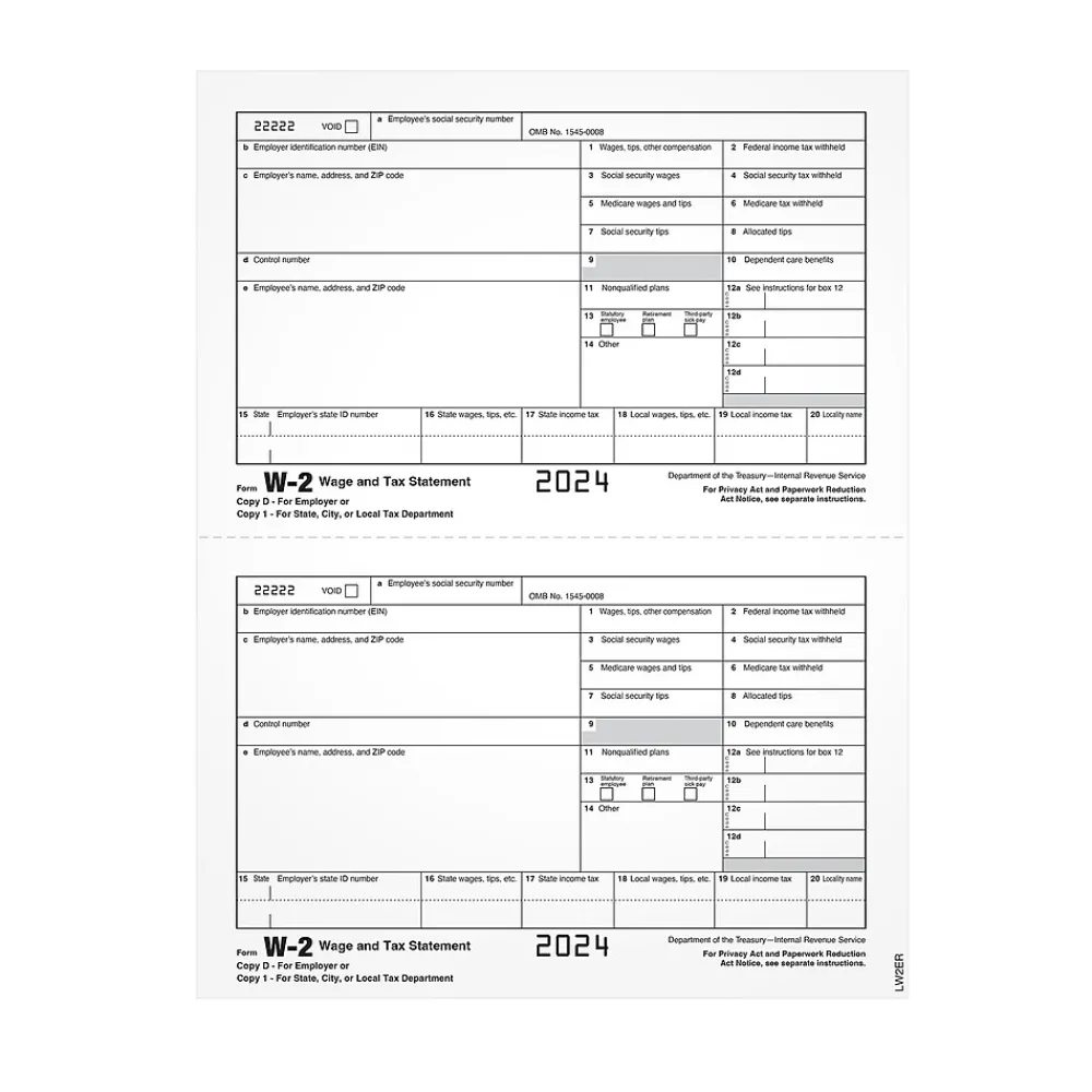 Tax Forms*Adams 2024 W-2 1-Part Copy 1/D Laser/Inkject Tax Forms, 100/pack (LW2ERQ)