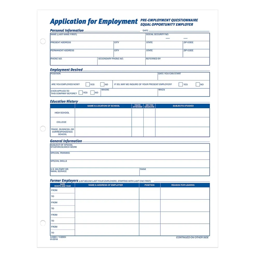 Hr Forms*Adams Employment Applications, 50/Pad, 2 Pads/Pack (ABF 9661)