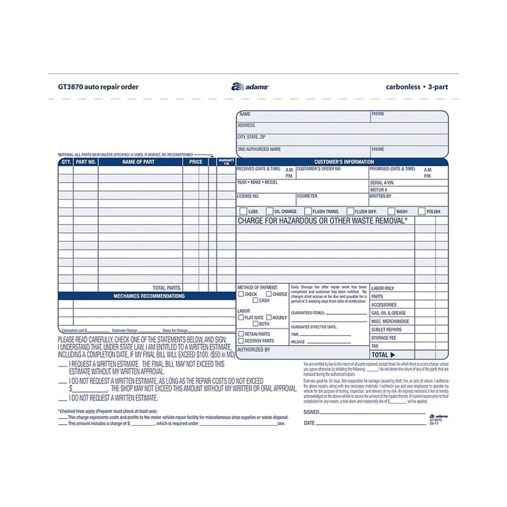Business Forms*Adams 3-Part Carbonless Auto Repairs, 8.5"L x 7.44"W, 50 Sets/Book (GT3870)