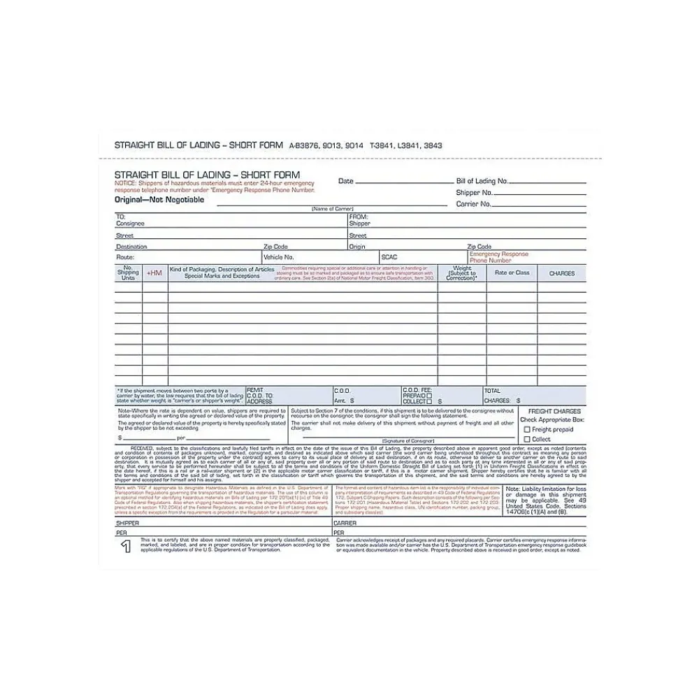 Business Forms*Adams 3-Part Carbonless Bill of Lading, 8.5"L x 7.44"W, 250 Sets/Book (B3876)