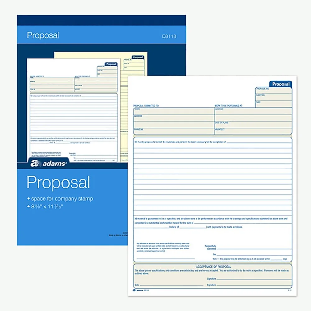 Business Forms*Adams 2-part carbonless Proposal Book, 8 3/8" x 11 7/16", 25 Sets/Book (D8118)