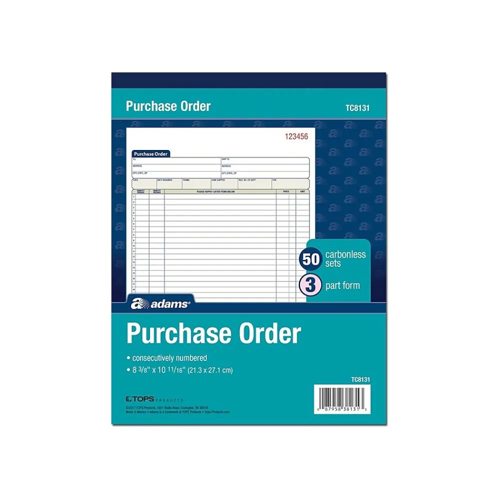 Business Forms*Adams 3-Part Carbonless Purchase Order, 10.69"L x 8.38"W, 50 Sets/Book (TC8131)