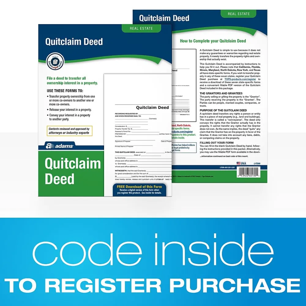 Business Forms*Adams Quitclaim Deed, Form and Instructions, 8.5" x 11", 4 Sets/Book (LF298)