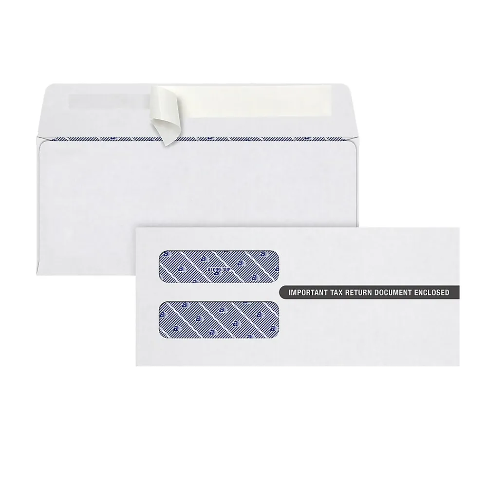 Outlet Adams Self Seal Security Tinted Double Window Envelope, 3.75" x 8.5", White, 100/Pack (S1099-3PS)