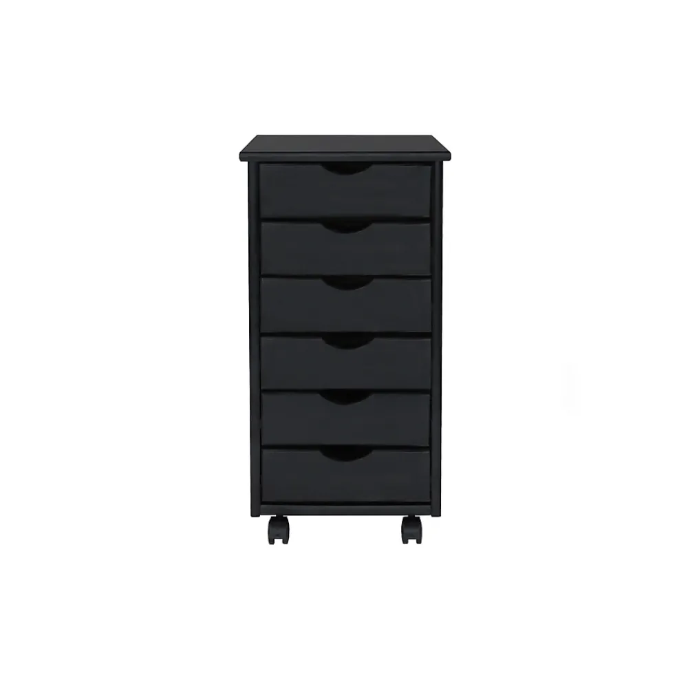 Storage Cabinets*Adeptus 25.8" Solid Pine Roll Cart with 6 Drawers, Matte Black (10016)