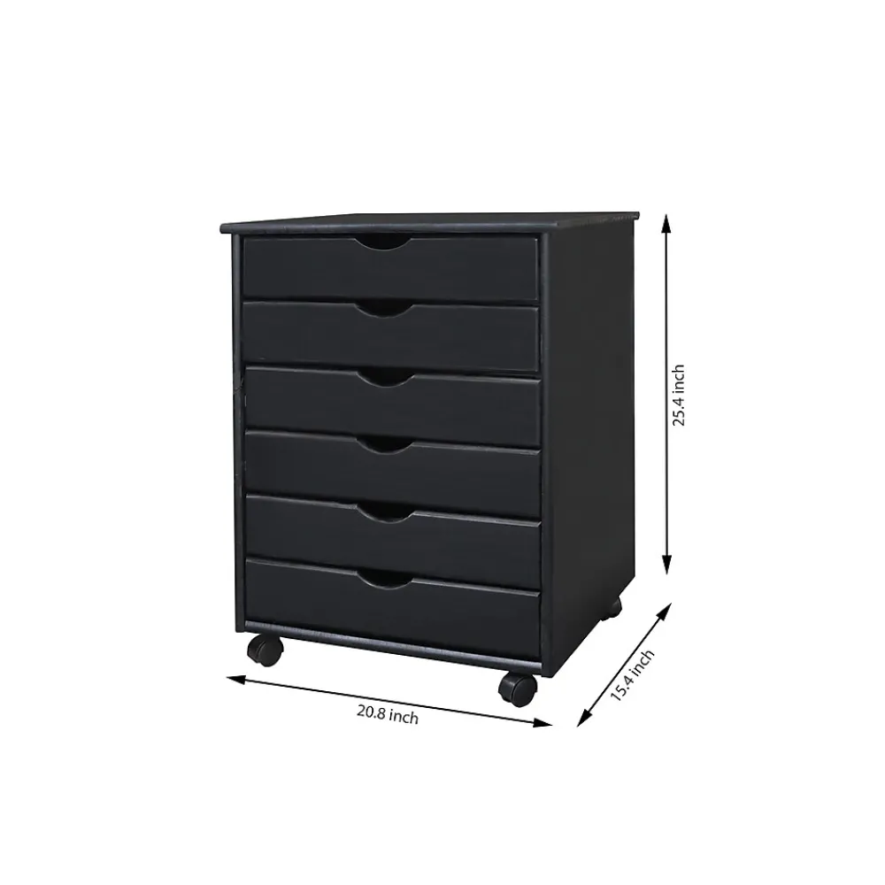 Storage Cabinets*Adeptus 25.43" Solid Pine Roll Cart with 6 Drawers, Matte Black (76168)