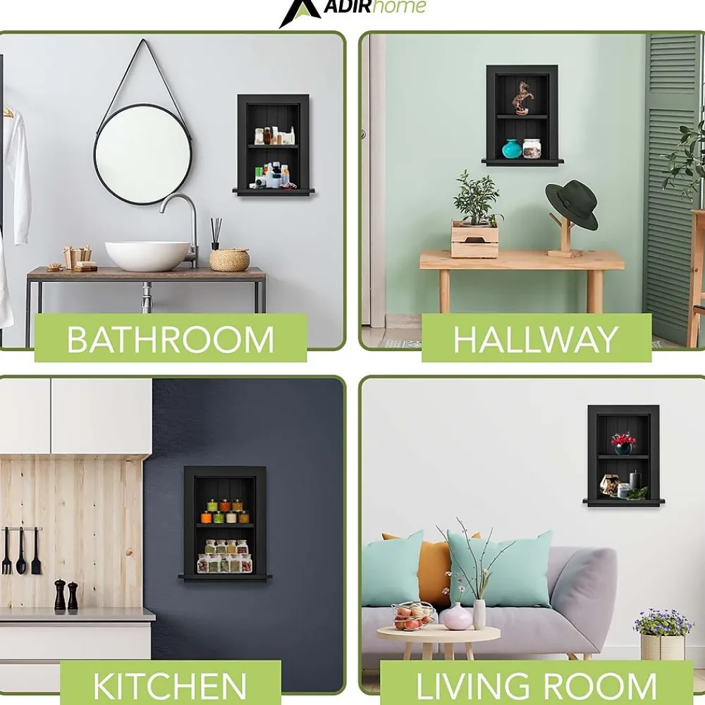 Shelving*AdirHome 1-Shelf Wood Bathroom Recessed Wall Shelf, 19" x 12.75" x 4.75", Black, 2/Pack (515-01-BLK-2PK)