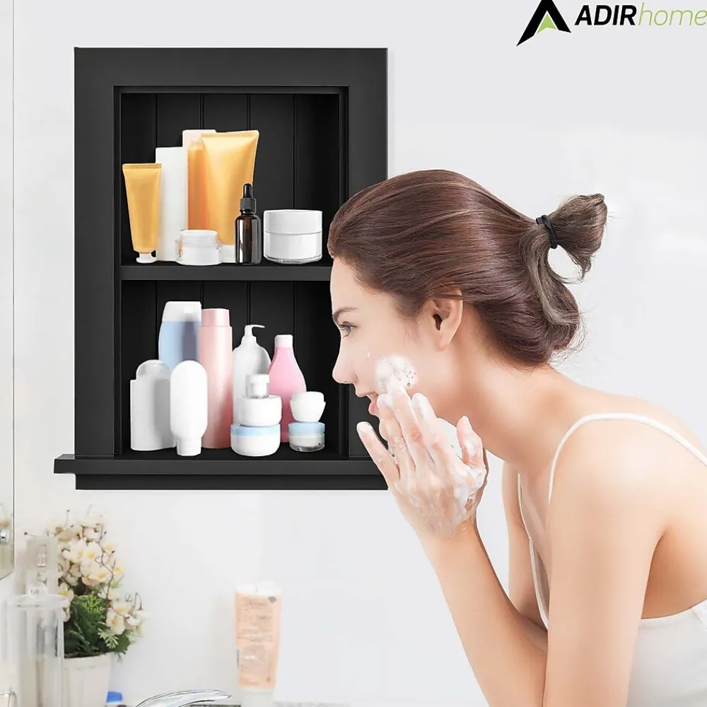 Shelving*AdirHome 1-Shelf Wood Bathroom Recessed Wall Shelf, 19" x 12.75" x 4.75", Black, 2/Pack (515-01-BLK-2PK)