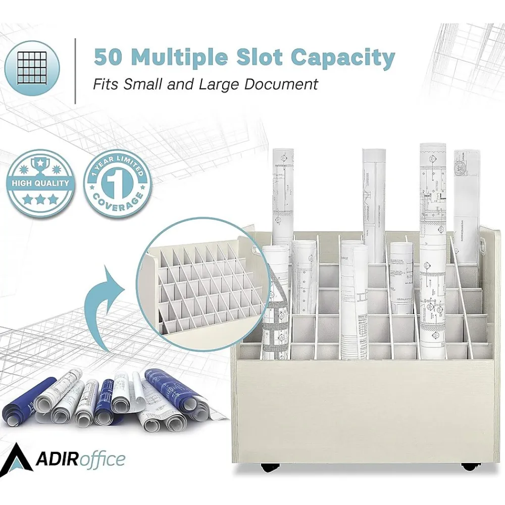 File Cabinets*AdirOffice 50-Slot Mobile Roll File, 28.5"H x 30"W x 15.75"D, White (626-WHI-2PK)