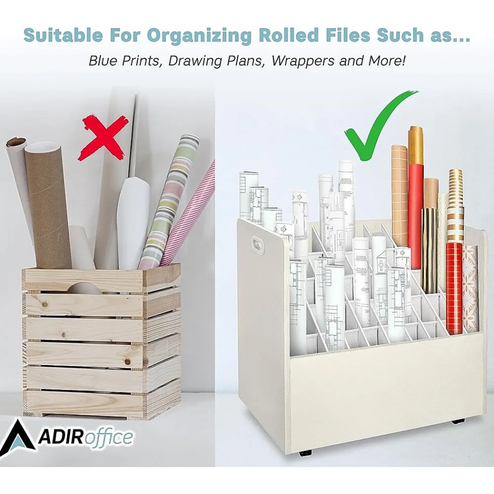 File Cabinets*AdirOffice 50-Slot Mobile Roll File, 28.5"H x 30"W x 15.75"D, White (626-WHI-2PK)