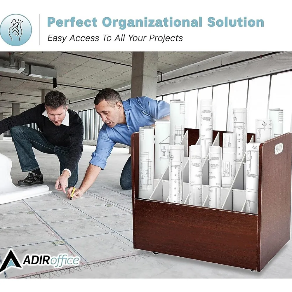 File Cabinets*AdirOffice 21-Slot Mobile Roll File, 28.5"H x 30"W x 15.75"D, Mahogany, 2/Pack (625-MA-2PK)