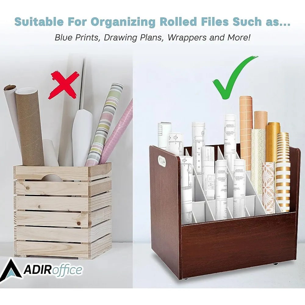 File Cabinets*AdirOffice 21-Slot Mobile Roll File, 28.5"H x 30"W x 15.75"D, Mahogany, 2/Pack (625-MA-2PK)