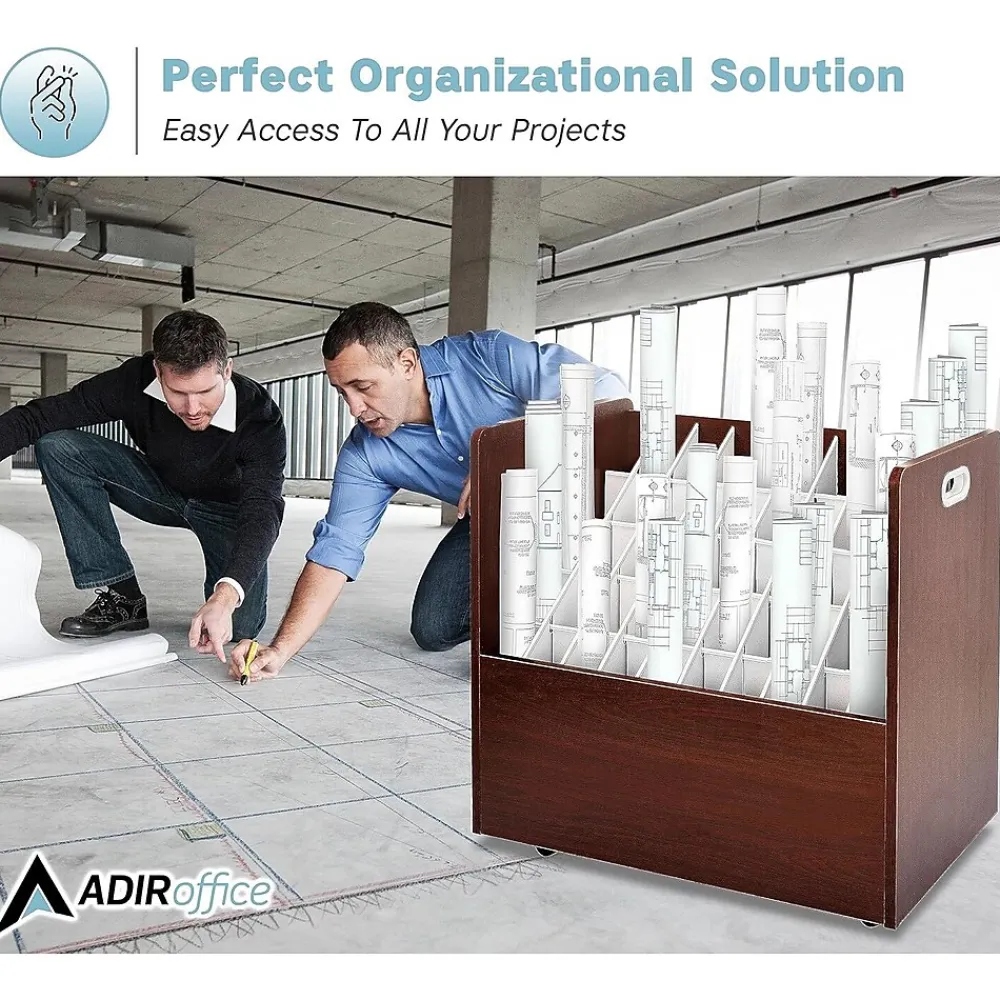 File Cabinets*AdirOffice 50-Slot Mobile Roll File, 28.5"H x 30"W x 15.75"D, Mahogany (626-MA-2PK)