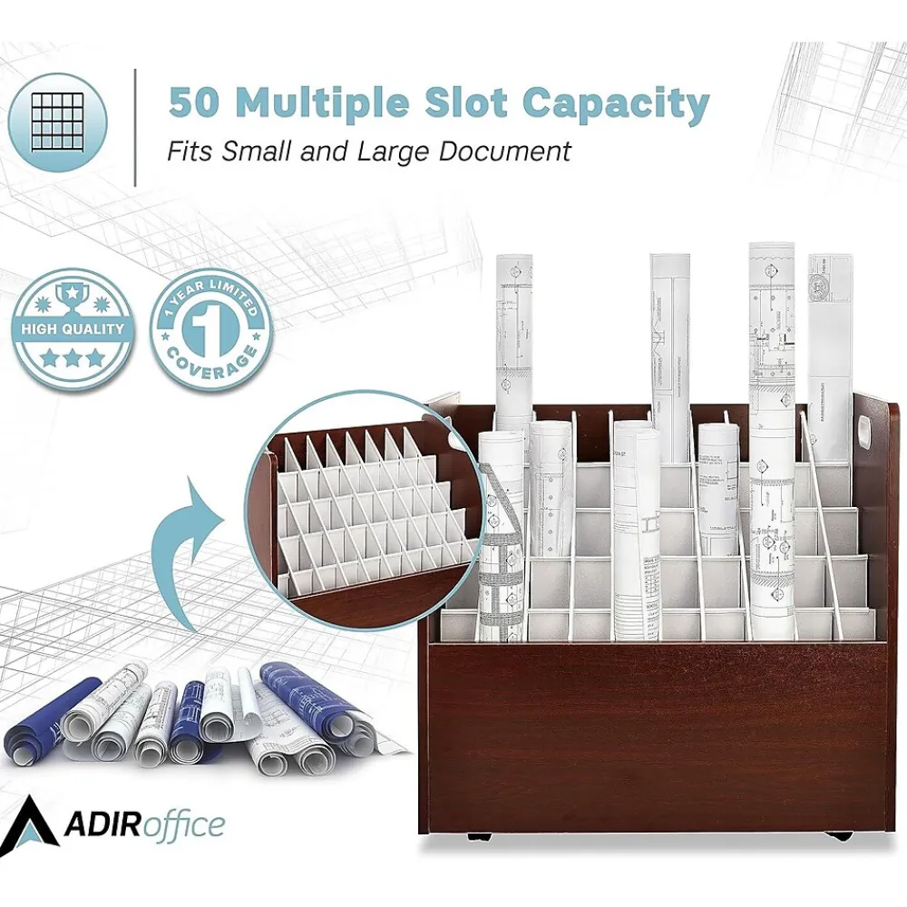 File Cabinets*AdirOffice 50-Slot Mobile Roll File, 28.5"H x 30"W x 15.75"D, Mahogany (626-MA-2PK)