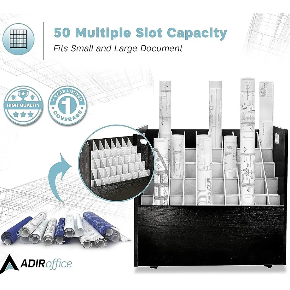 File Cabinets*AdirOffice 50-Slot Mobile Roll File, 28.5"H x 30"W x 15.75"D, Black (626-BLK-2PK)