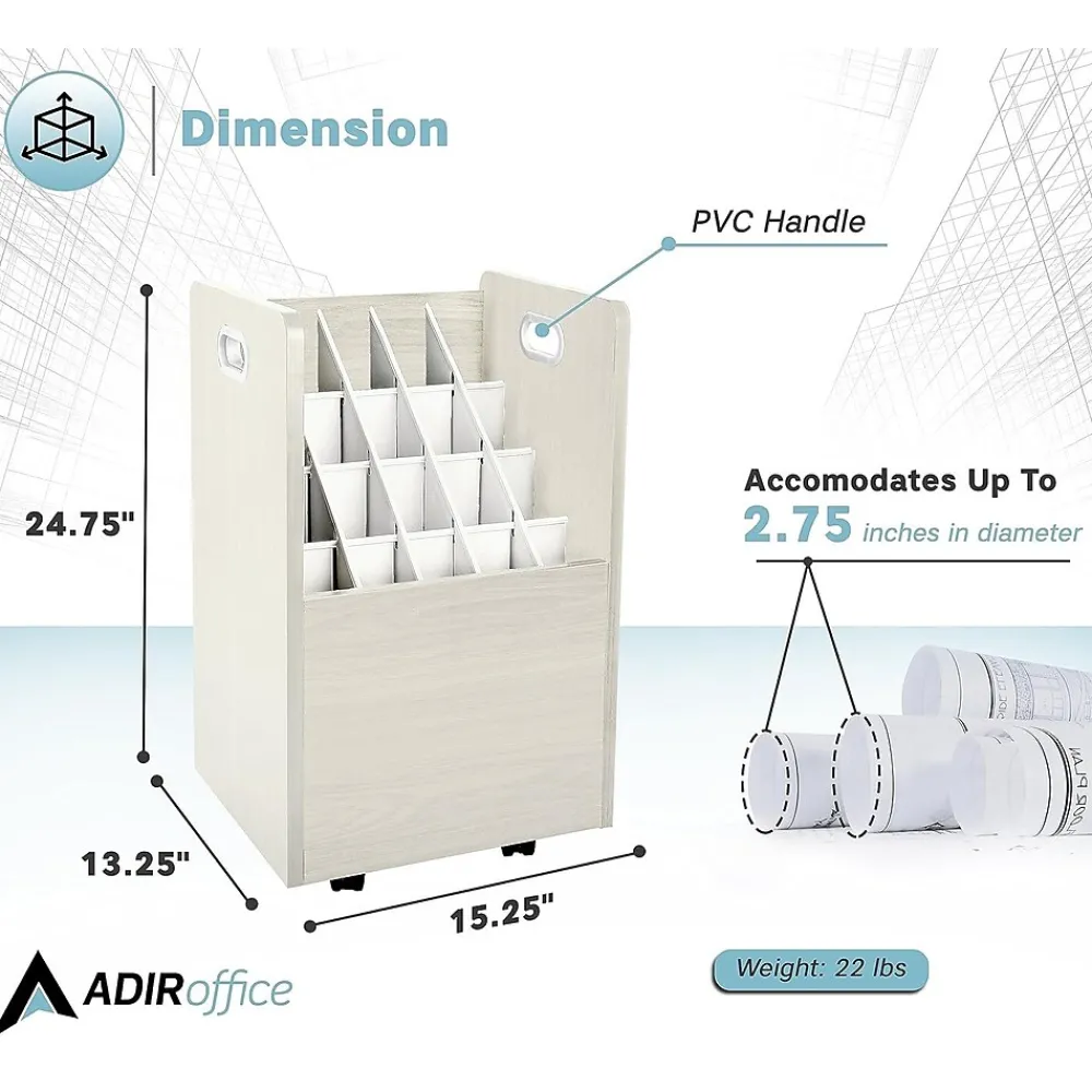File Cabinets*AdirOffice 20-Slot Mobile Roll File, Lockable, 24.75"H x 15.25"W x 13.25"D, White (624-WHI-KIT1)