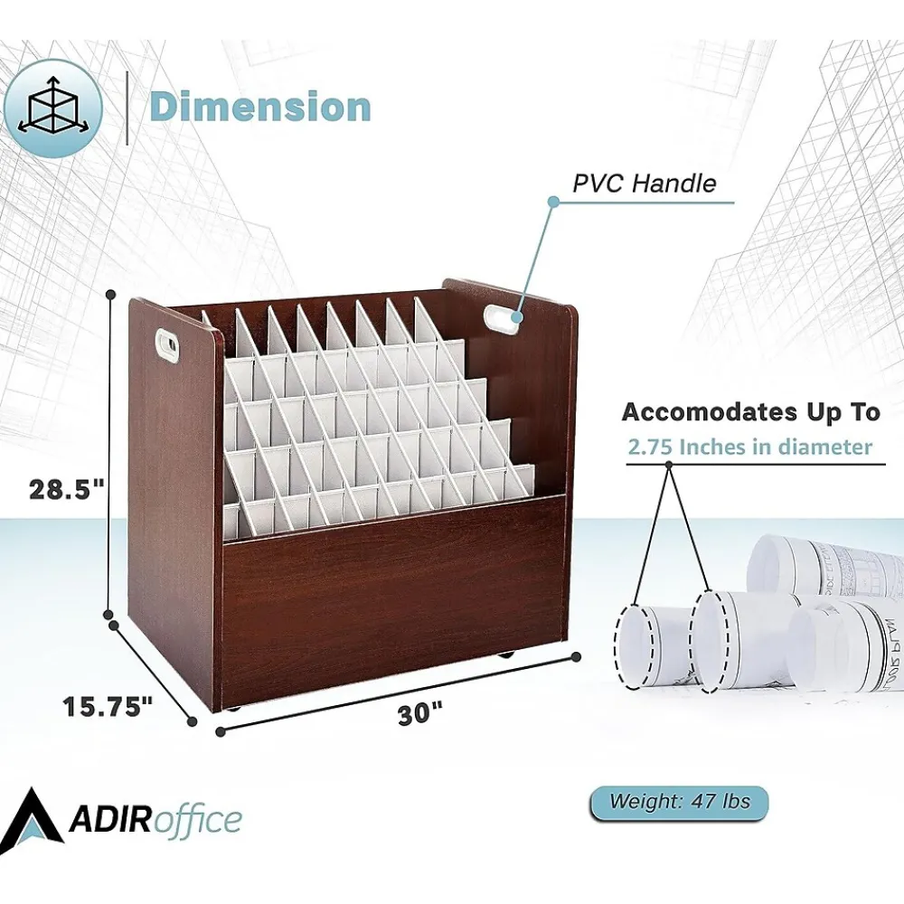 File Cabinets*AdirOffice 50-Slot Mobile Roll File, 28.5"H x 30"W x 15.75"D, Mahogany (626-MA-KIT1)